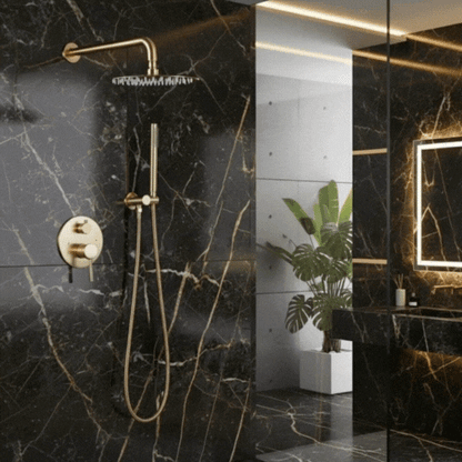 Inbouw Regendoucheset Vincent – Staafhanddouche – Geborsteld goud - Incl. inbouwdeel