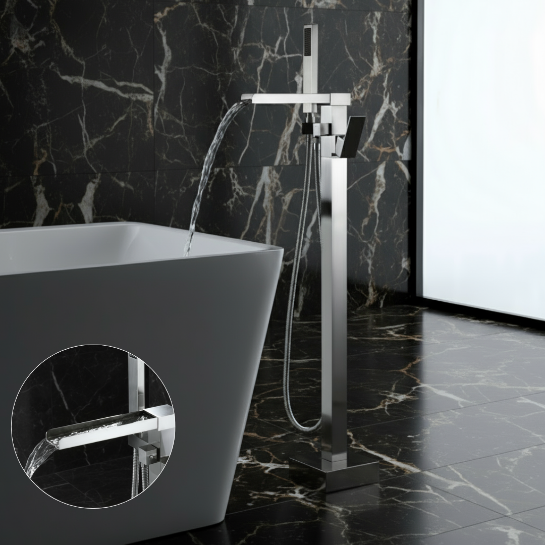 Lisandro Vrijstaande Badkraan — Watervaluitloop — Geborsteld nikkel