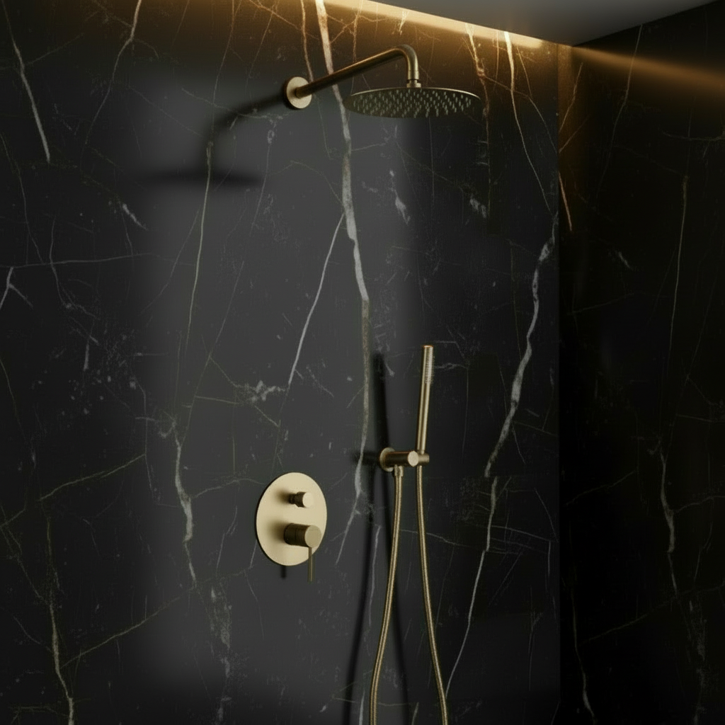 Inbouw Regendoucheset Angelica – Staafhanddouche – Geborsteld goud - Incl. inbouwdeel