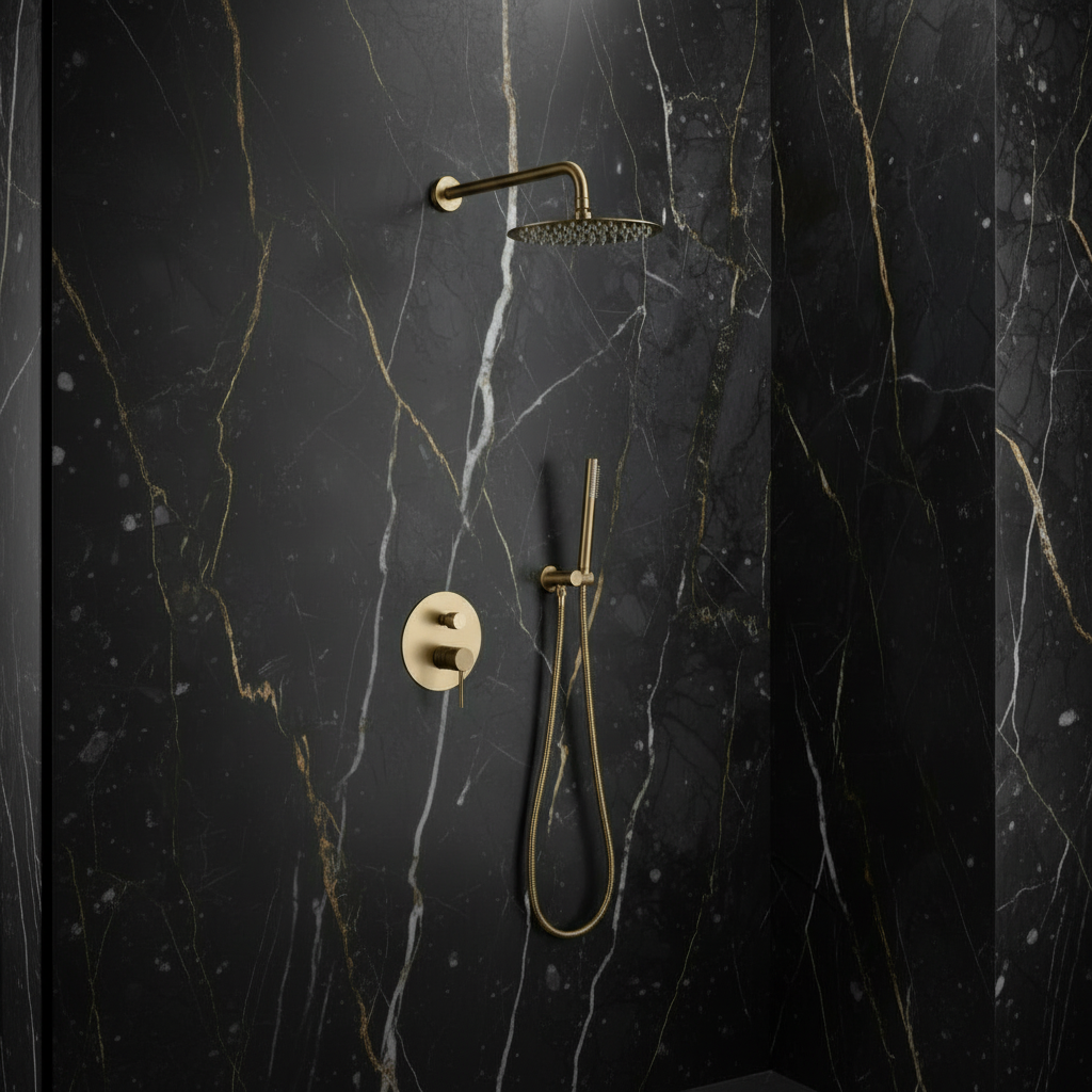 Inbouw Regendoucheset Angelica – Staafhanddouche – Geborsteld goud - Incl. inbouwdeel