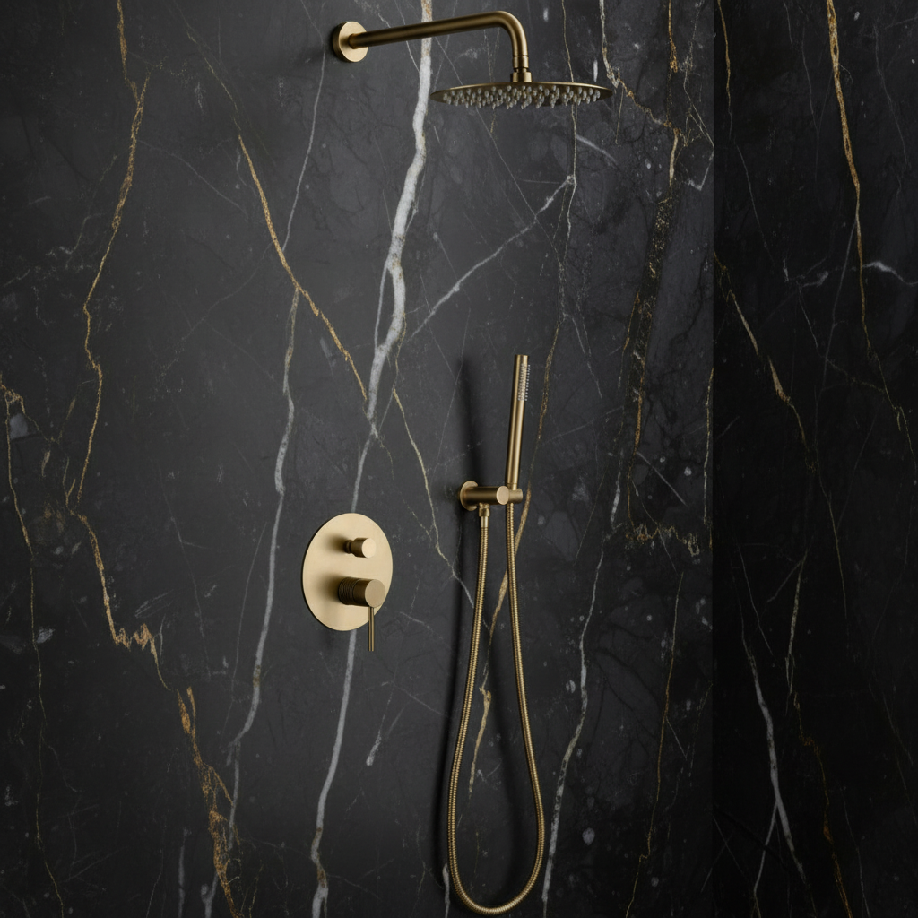 Inbouw Regendoucheset Angelica – Staafhanddouche – Geborsteld goud - Incl. inbouwdeel