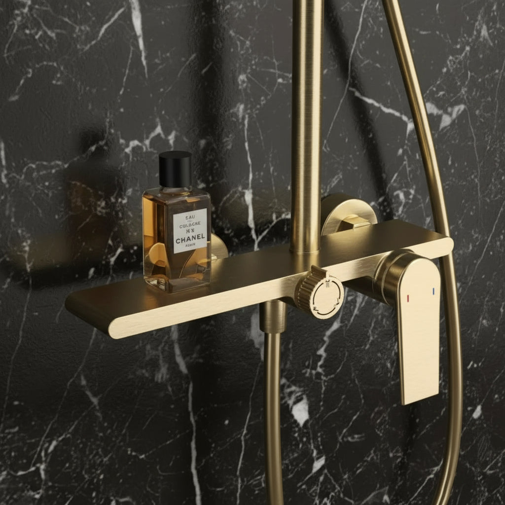 Opbouw regendoucheset Cynthia - Geborsteld goud - 130 × 35 × 25 cm