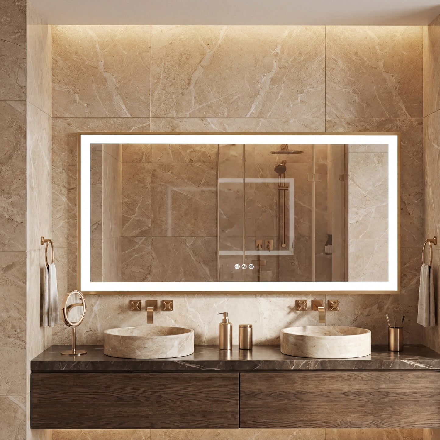 Miroir de salle de bain LED Lorenzo — 151 × 78 cm — Or brossé — Horizontal ou vertical