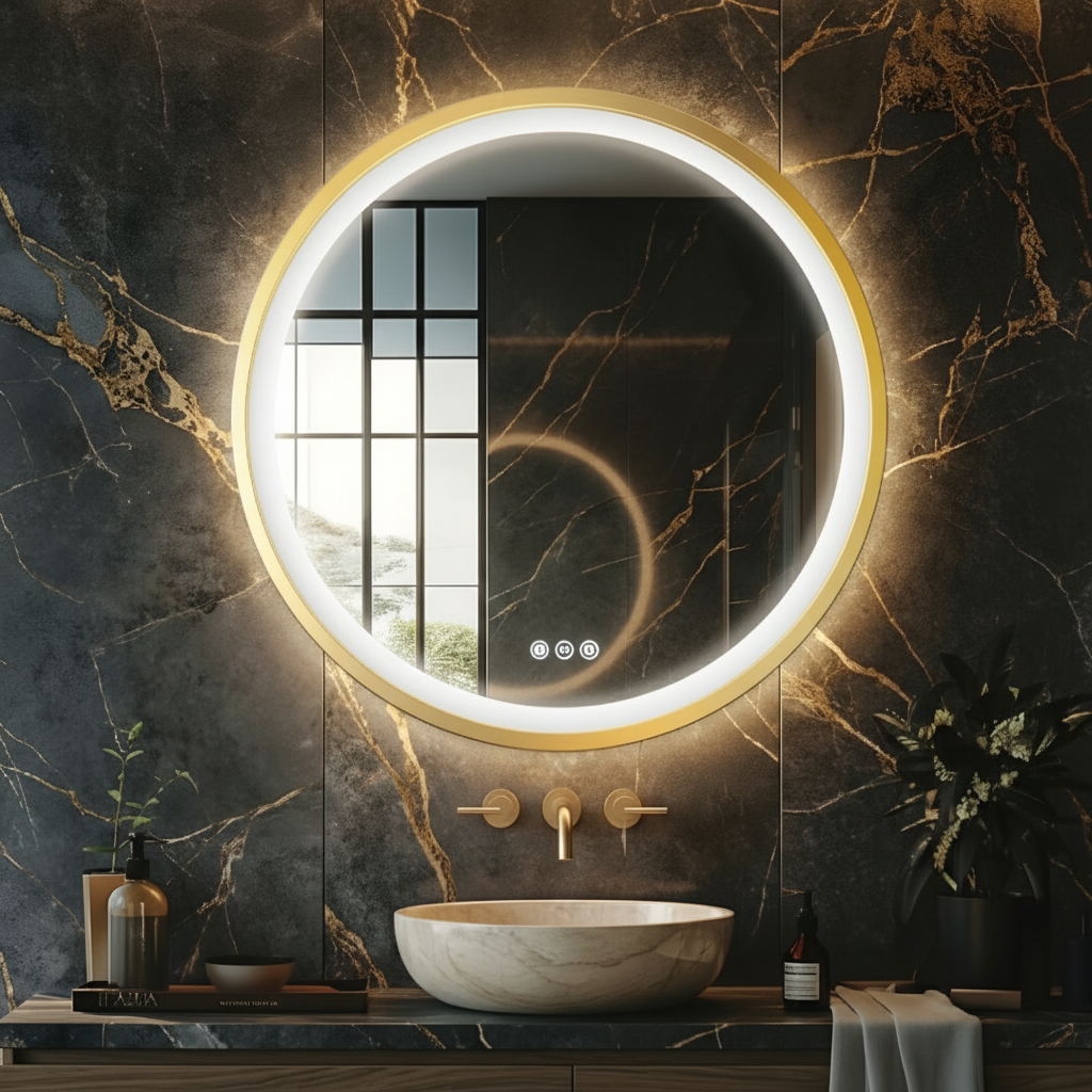 Miroir de salle de bain LED Lorenzo — 60 x 60 cm — Or brossé — Rond